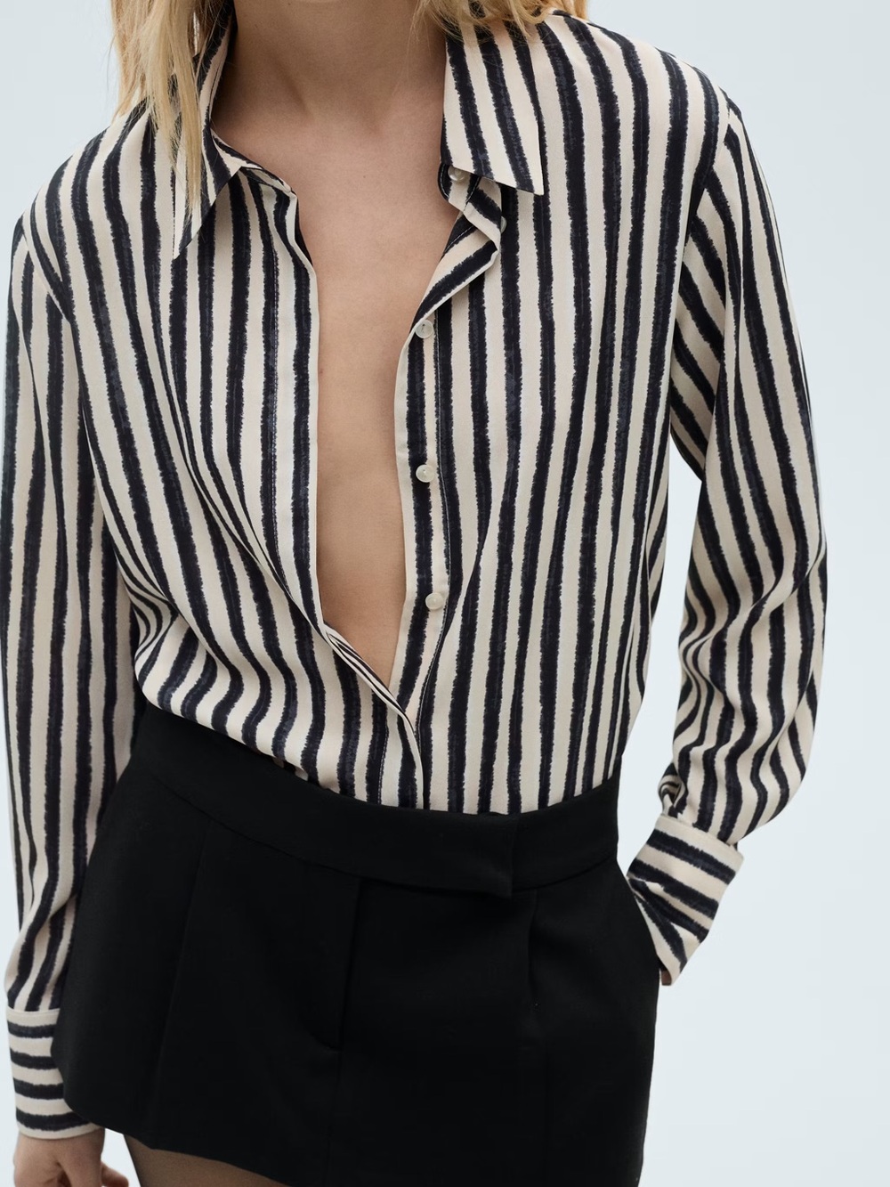 Mango Striped Flowy Button-Front Women's Blouse in Cream and Black
